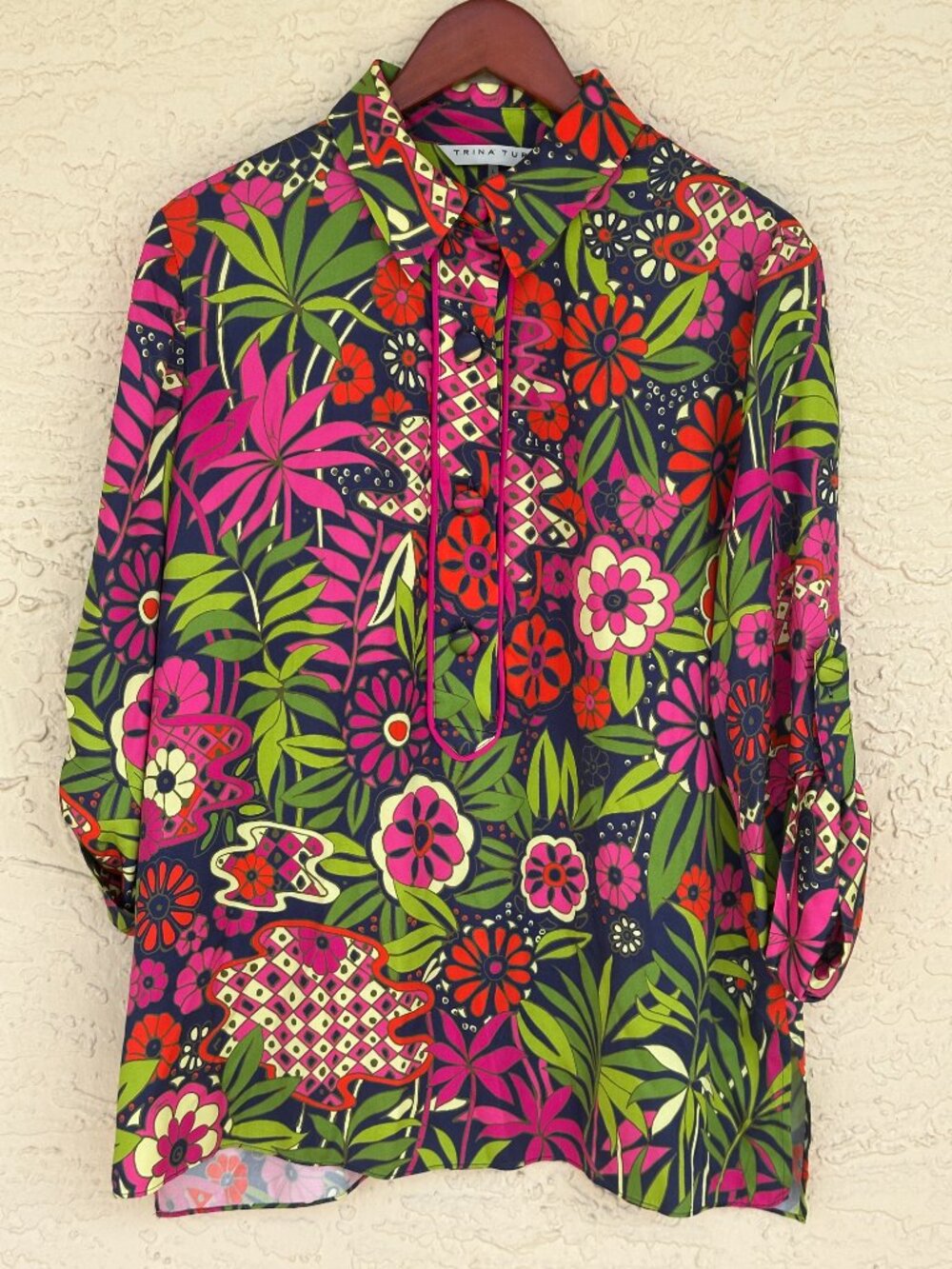 Trina Turk Portrait Top L Fumi Floral Tropical Modal Tunic Blouse